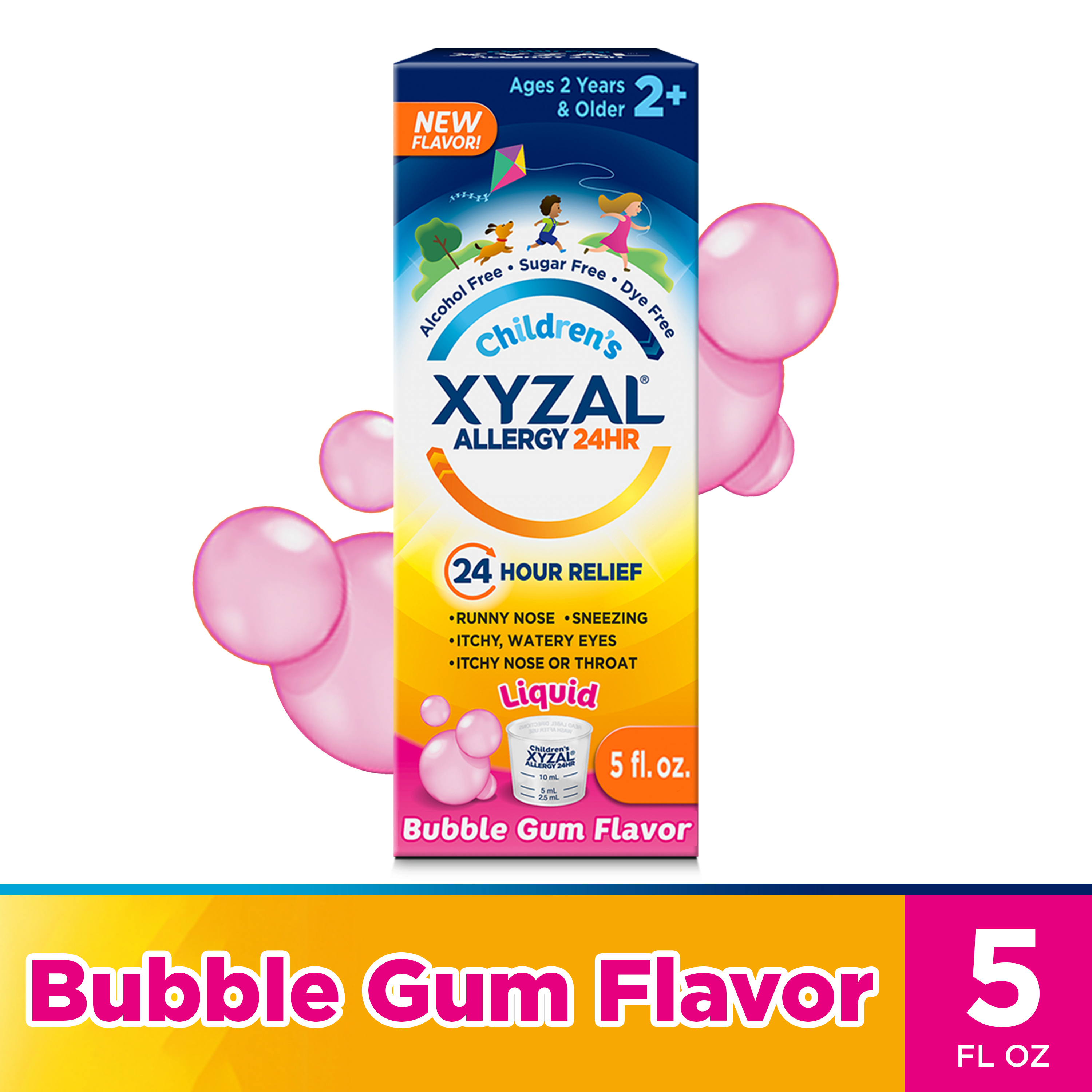 Xyzal 24 Hour Children's Antihistamine Medicine for Kids Allergy Relief, 2.5 mg Levocetirizine, Bubble Gum Flavor, 5 fl oz - image 1 of 11
