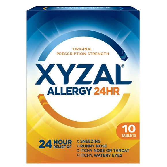 Xyzal 24 Hour Antihistamine Medicine Tablets for Adult Allergy Relief, Levocetirizine and Cetirizine, 10 Pills
