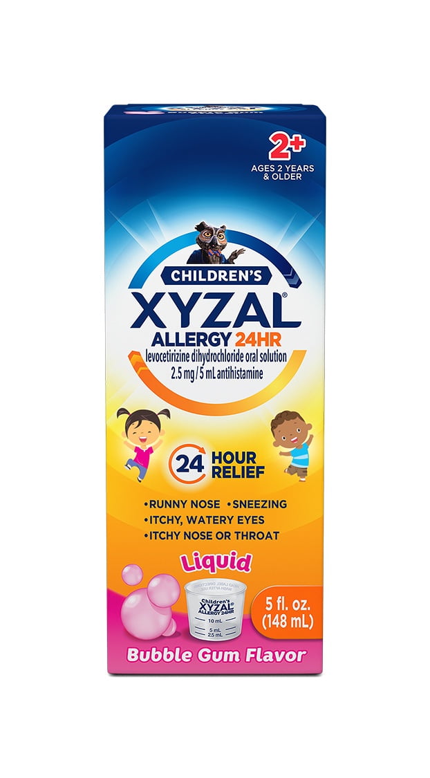 Xyzal Children's 24 Hour Allergy Relief Medicine for Kids, Levocetirizine Dihydrochloride Liquid Antihistamine, Bubble Gum, 5 Fl. oz. Twin Pack