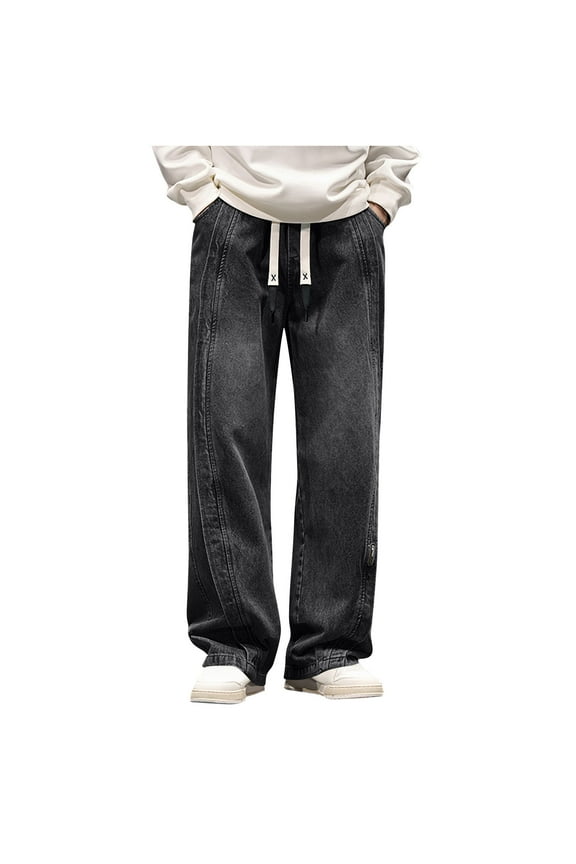 Baggy Jeans for Men Wide Leg Hip Hop Harem Jeans Streetwear Loose Fit Denim Pants Elastic Waist Drawstring Pants Big and Tall