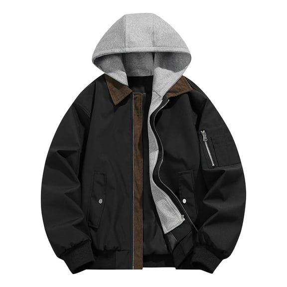 Xzbqbs Bomber Jacket Men Full Zip Up Fake Two-Piece Workweart Hoodie Coat Fashion Lightweight Color Block Hooded Flight Jacket