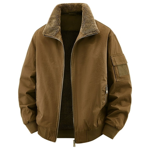 Xzbqbs Bomber Jacket Men Full Zip Up Khaki Fleece Lined Warm Work Coat Fashion Windbreaker Lightweight Workwear Flight Jacket