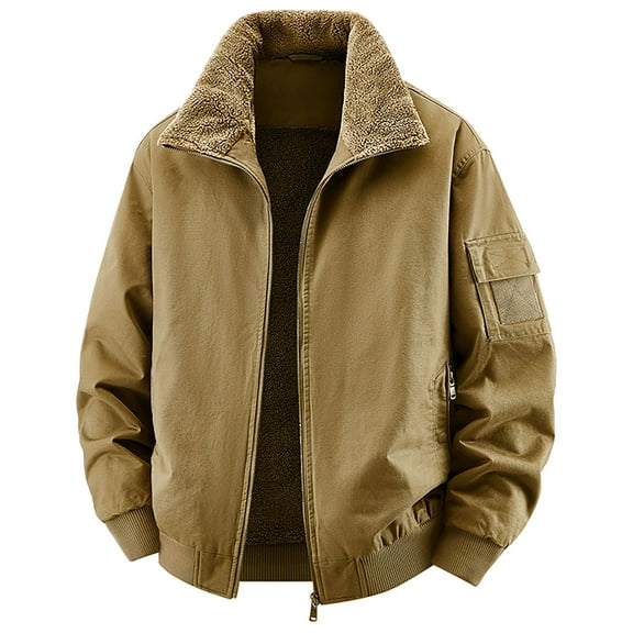 Xzbqbs Bomber Jacket Men Full Zip Up Khaki Fleece Lined Warm Work Coat Fashion Windbreaker Lightweight Workwear Flight Jacket
