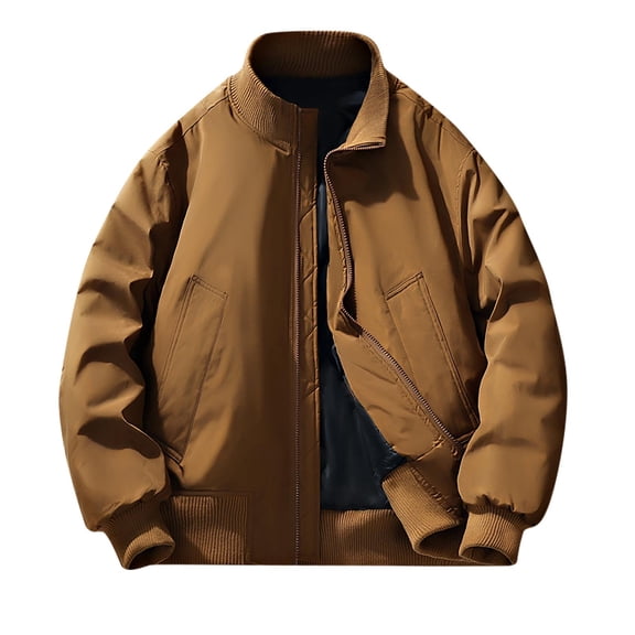 Xzbqbs Bomber Jacket Men Full Zip Up Khaki Warm Loose Track Coat Fashion Long Sleeve Lightweight Solid Stand Collar Flight Jacket