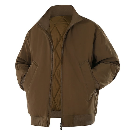 Xzbqbs Bomber Jacket Men Full Zip Up Thickened Warm Down Jackets Fashion Long Sleeve Lightweight Solid Stand Collar Flight Jacket