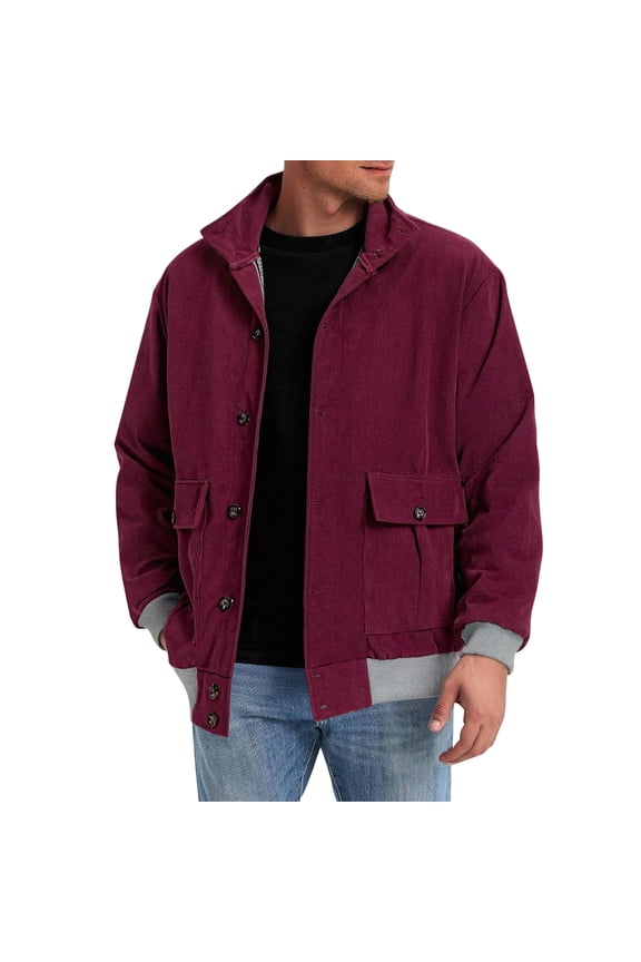 Bomber Jackets for Men Corduroy Button Down Lapel Coat Casual Long Sleeve Shacket Jacket Vintage Jackets with Flap Pockets