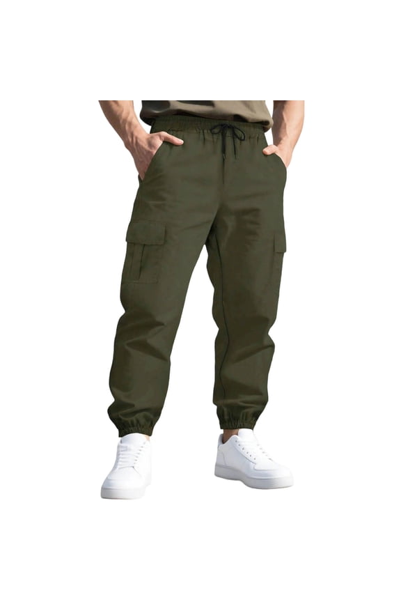 Cargo Pants for Men Straight Stretch Lightweight Work Pants Drawstring Elastic Waist Quick Dry Cuffed Pants for Hiking Travel
