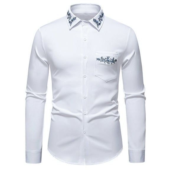 Xzbqbs Dress Shirts for Men Vintage Embroidered Floral Printed Shirt Slim Fit Long Sleeve Button Up Party Dress Shirts Suit Shirts