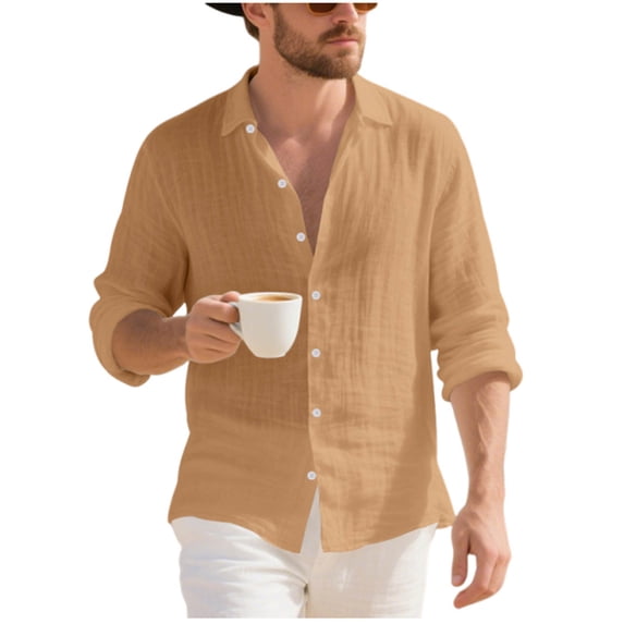 Xzbqbs Hawaiian Shirt for Men Casual Button Down Linen Polo Shirts Fashion Lightweight Slim Summer Beach Long Sleeve Solid Shirts