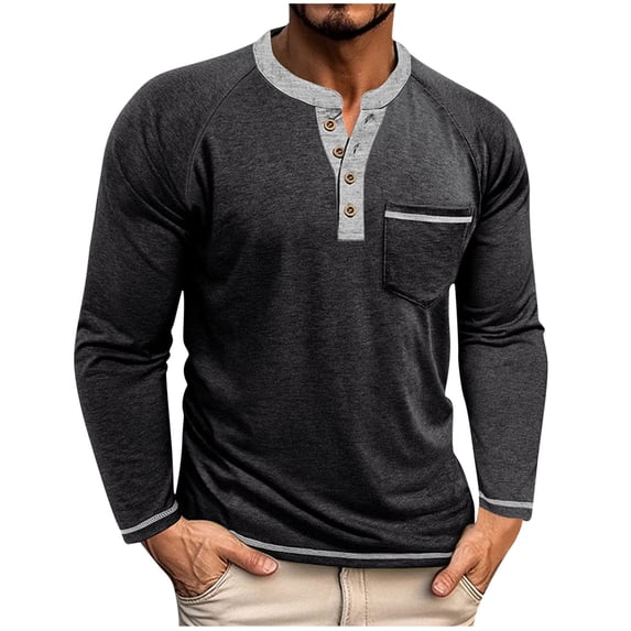 Xzbqbs Henley Shirts for Men Casual Long Sleeve Button Pullover Tops Fashion Lightweight Crew Neck Color Block Shirts with Pocket