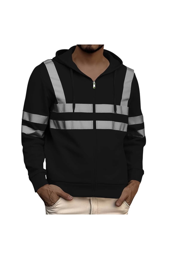 High Visibility Safety Sweatshirt for Men Classic Reflective Strips Zipper Up Hooded Jacket Work Utility Hi-Vis Hoodies
