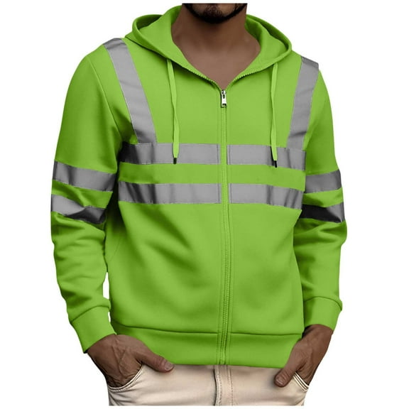 Xzbqbs High Visibility Safety Sweatshirt for Men Classic Reflective Strips Zipper Up Hooded Jacket Work Utility Hi-Vis Hoodies