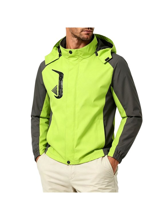 Hooded Windbreaker for Men Contrast Panels Chest Zipper Pocket Snap Collar Sporty Outdoor Lightweight Casual