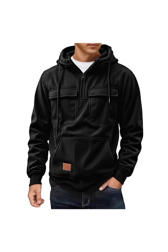 Hoodies for Men Corduroy Quarter Zip Up Tactical Hoodie Pullover Fall Winter Fashion Work Hooded Sweatshirt with Multi Pocket