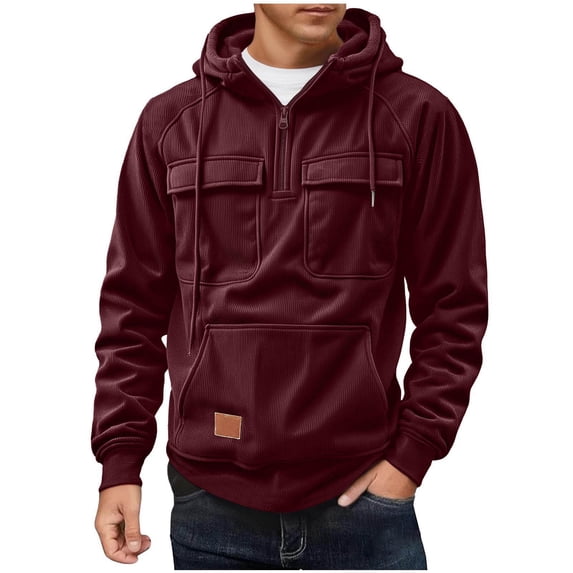 Xzbqbs Hoodies for Men Corduroy Quarter Zip Up Tactical Hoodie Pullover Fall Winter Fashion Work Hooded Sweatshirt with Multi Pocket