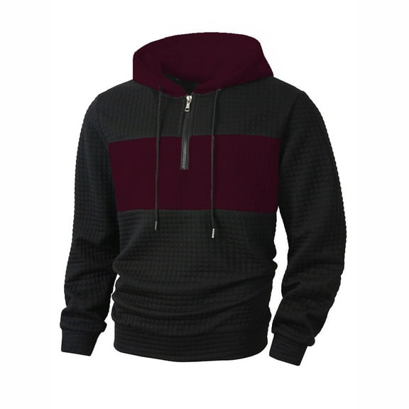 Xzbqbs Hoodies for Men Quarter Zip Up Sweatshirts Long Sleeve Pullover Patchwork Plaid Jacquard Hoodie Casual Drawstring Hoodies