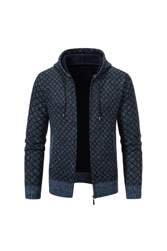 Jacket for Men Knitted Jacquard Sweater Jacket Casual Classic Fit Ribbed Edge Coat Lightweight Full Zip Hooded Jacket