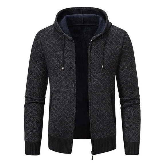 Xzbqbs Jacket for Men Knitted Jacquard Sweater Jacket Casual Classic Fit Ribbed Edge Coat Lightweight Full Zip Hooded Jacket