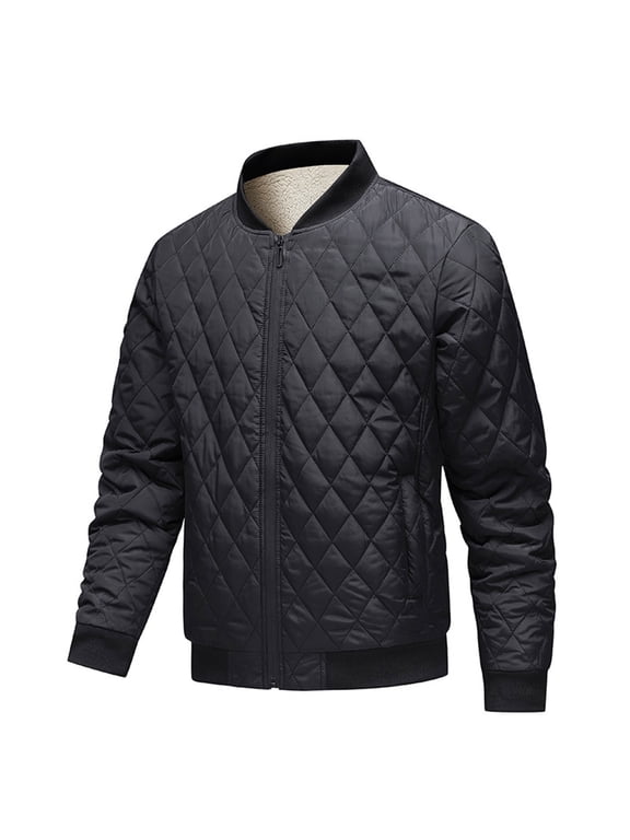 Jackets for Men Fleece Lined Diamond Quilted Warm Jacket Zip Up Stand Collar Coat Winter Thermal Jackets with Zipper Pocket