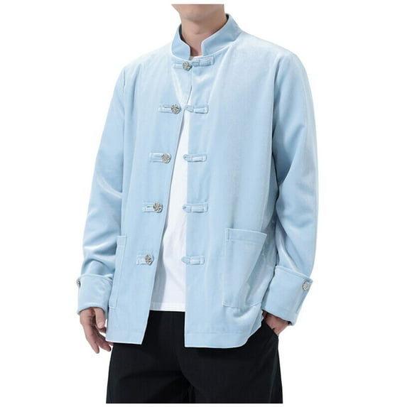 Xzbqbs Jackets for Men Velvet Button Down Chinese-Style Jackets Casual Lightweight Stand Collar Slim Fit Solid Long Sleeve Jackets