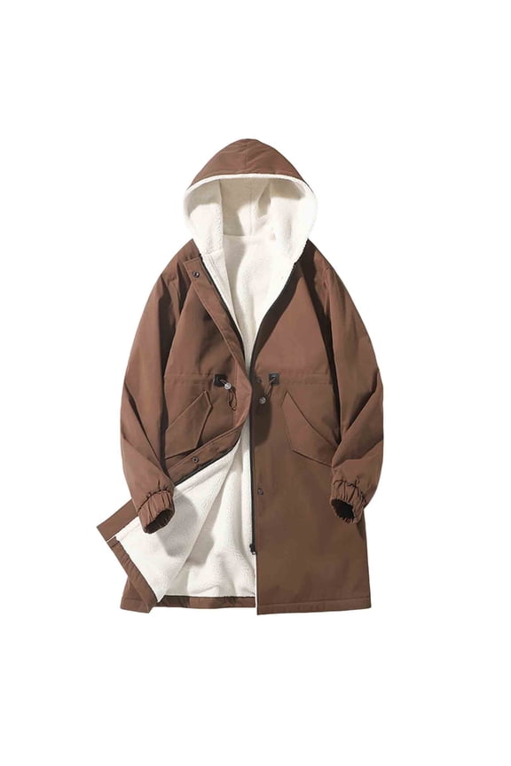 Jackets for Men Zip Up Fleece Lined Thickened Trench Coat Casual Drawstring Waist Windbreaker Waterproof Long Hooded Overcoat