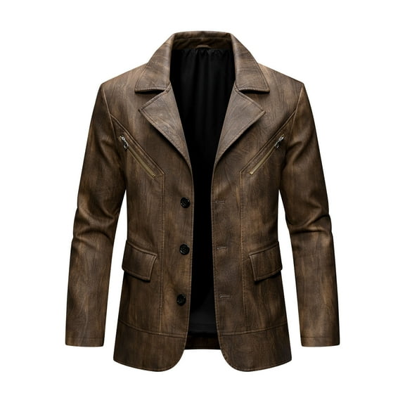 Xzbqbs Leather Blazer for Men Classic Faux Leather Business Sport Coat Notched Collar Three Button Slim Fit Moto Suits Jacket