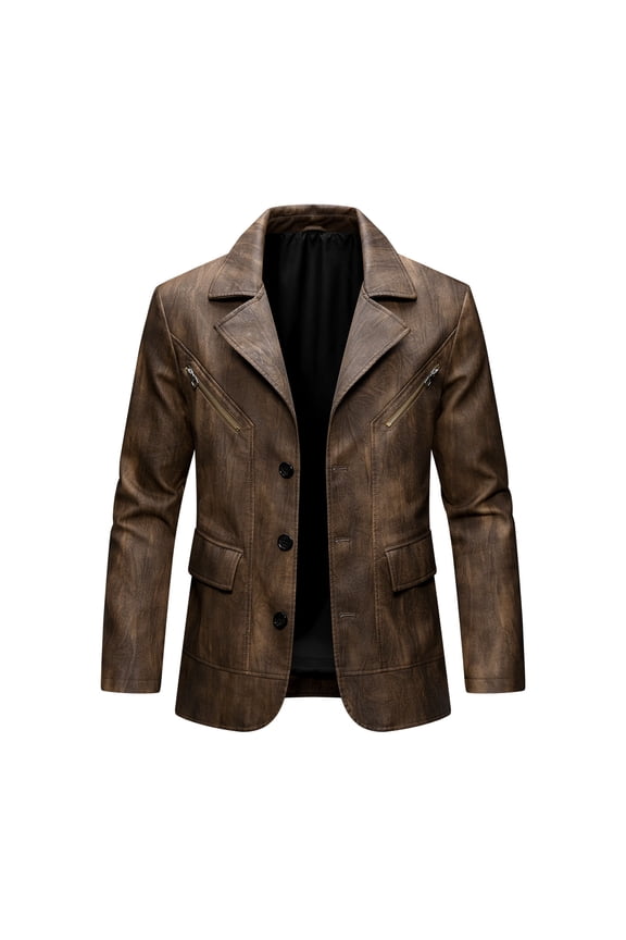 Leather Blazer for Men Classic Faux Leather Business Sport Coat Notched Collar Three Button Slim Fit Moto Suits Jacket