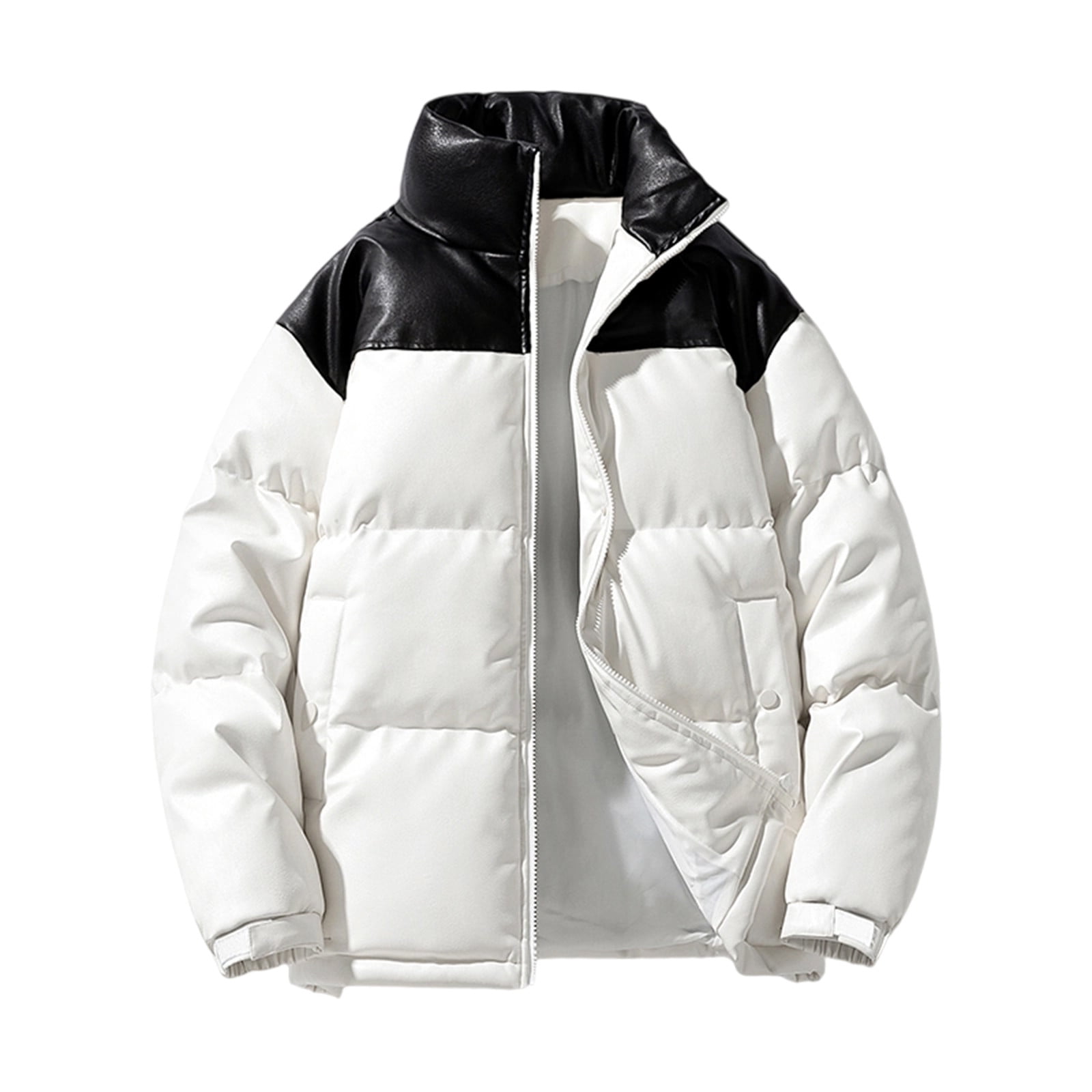 Xzbqbs Leather Jacket Men Winter Windproof Waterproof Puffer Jacket Casual Fashion Full Zip Stand Collar Thicken Warm Quilted Jacket