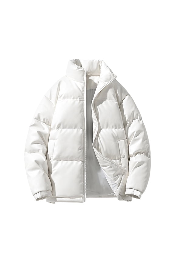 Leather Jacket Men Winter Windproof Waterproof Puffer Jacket Casual Fashion Full Zip Stand Collar Thicken Warm Quilted Jacket