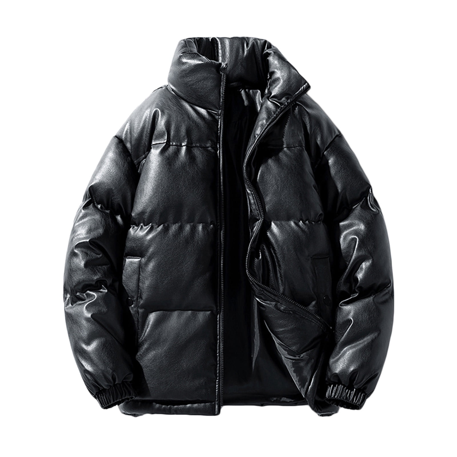 Xzbqbs Leather Jacket Men Winter Windproof Waterproof Puffer Jacket Casual Fashion Full Zip Stand Collar Thicken Warm Quilted Jacket