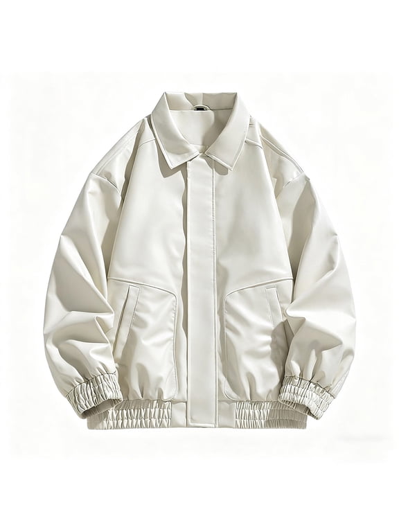 Leather Jacket for Men Y2k Hip Hop Streetwear Button Zipper Solid Collared PU Jacket Motorcycle Biker Outwear with Pockets