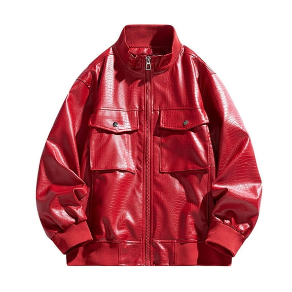 Xzbqbs Leather Jacket for Men Zip-Up Oversized Motorcycle Bomber Jackets Classic PU Leather Streetwear Vintage Stand Collar Jacket