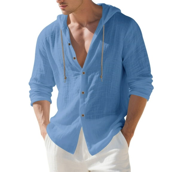 Xzbqbs Long Sleeve Shirts for Men Casual Button Down Lightweight Hooded Pullover Fashion Drawstring Solid Summer Beach Shirts