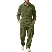 Xzbqbs Men Tracksuit Set 2 Piece Corduroy Workwear Sets Casual Button Down Long Sleeve Polo Shirts and Straight Cargo Pants Sets