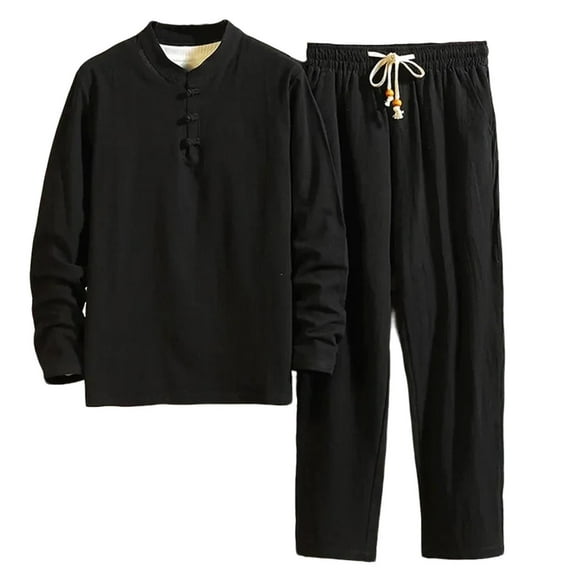 Xzbqbs Men's 2 Pieces Cotton Linen Set Casual Short Sleeve Henley Shirts and Drawstring Beach Yoga Pants Summer Outfits Set for Men