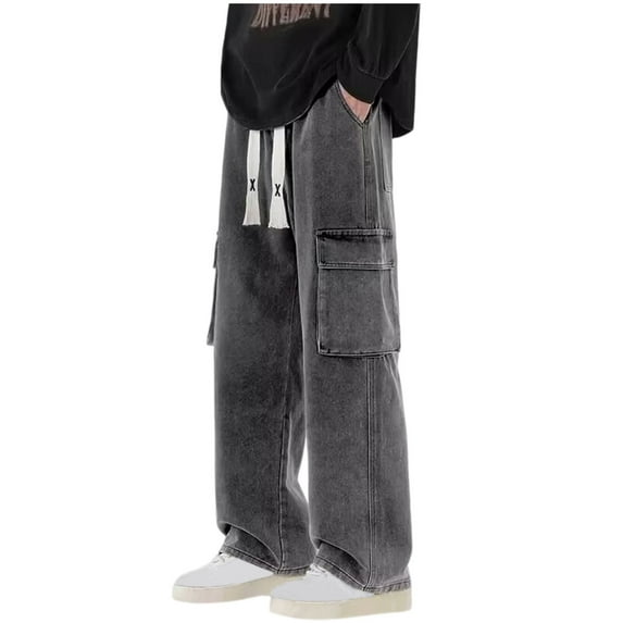 Xzbqbs Men's Baggy Cargo Jeans Wide Leg Hip Hop Jeans Streetwear Loose Fit Denim Pants Elastic Waist Drawstring Pants with Pockets