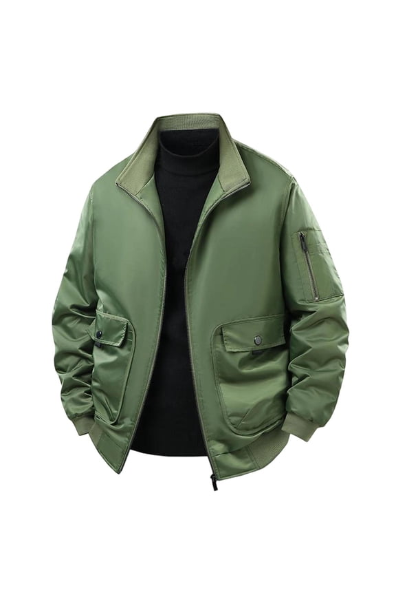 Men's Casual Bomber Jacket Full Zip Outdoor Warm Vintage Work Coat Fashion Solid Color Flight Jacket Thickened Down Jackets