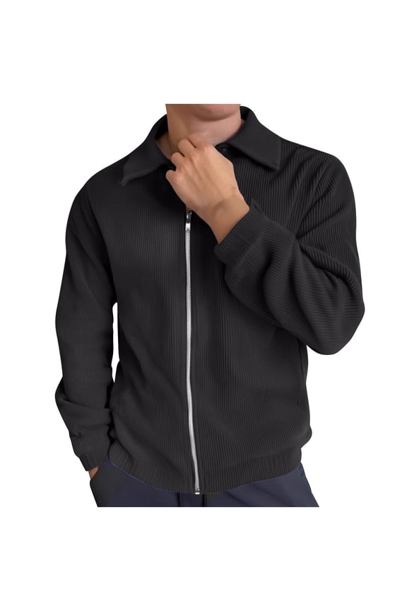 Men's Casual Corduroy Jacket Lightweight Zip Up Vintage Solid Color Fashion Coat Polo Collared Bomber Jacket with Pocket