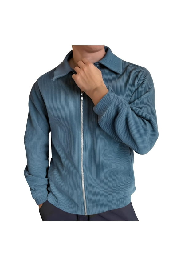 Men's Casual Corduroy Jacket Lightweight Zip Up Vintage Solid Color Fashion Coat Polo Collared Bomber Jacket with Pocket