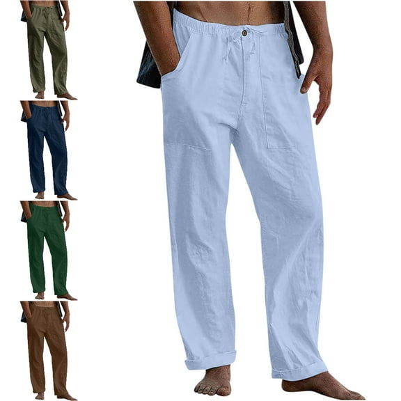 Xzbqbs Men's Casual Cotton Linen Pants Loose Fit Elastic Waist Drawstring Straight-Legs Pants Summer Yoga Beach Long Trousers