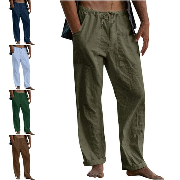 Xzbqbs Men's Casual Cotton Linen Pants Loose Fit Elastic Waist Drawstring Straight-Legs Pants Summer Yoga Beach Long Trousers