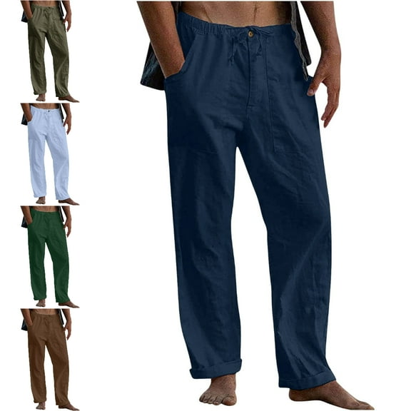 Xzbqbs Men's Casual Cotton Linen Pants Loose Fit Elastic Waist Drawstring Straight-Legs Pants Summer Yoga Beach Long Trousers