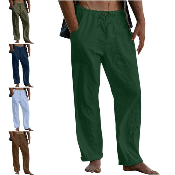 Xzbqbs Men's Casual Cotton Linen Pants Loose Fit Elastic Waist Drawstring Straight-Legs Pants Summer Yoga Beach Long Trousers