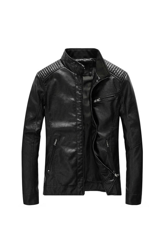 Men’s Casual Jacket Stand Collar PU Faux Leather Zip-Up Motorcycle Bomber Jacket Classic Fit Lightweight Vintage Jacket
