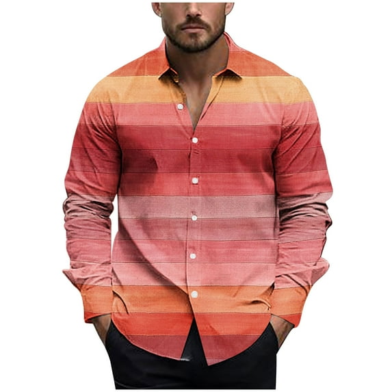 Xzbqbs Men's Casual Long Sleeve Polo Shirt Button Down Striped Printed Lapel Tops Classic Fit Fashion Soft Golf Shirts for Men