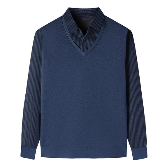 Xzbqbs Men's Casual Polo Shirts Long Sleeve Fake Two-Piece Striped Lapel Pullover Tops Fashion Fleece Thickened Color Block Shirts