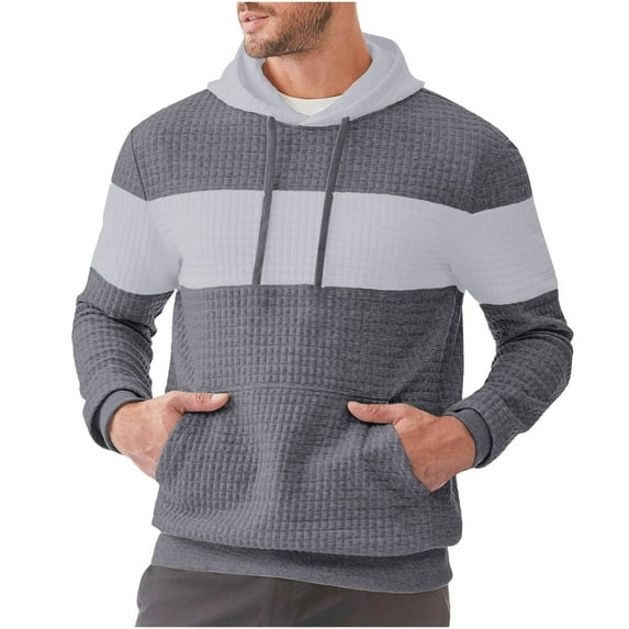 Xzbqbs Men's Casual Sweatshirts Long Sleeve Drawstring Color Block Pullover Graphic Hoodies with Pockets Waffle Sweatshirts for Men
