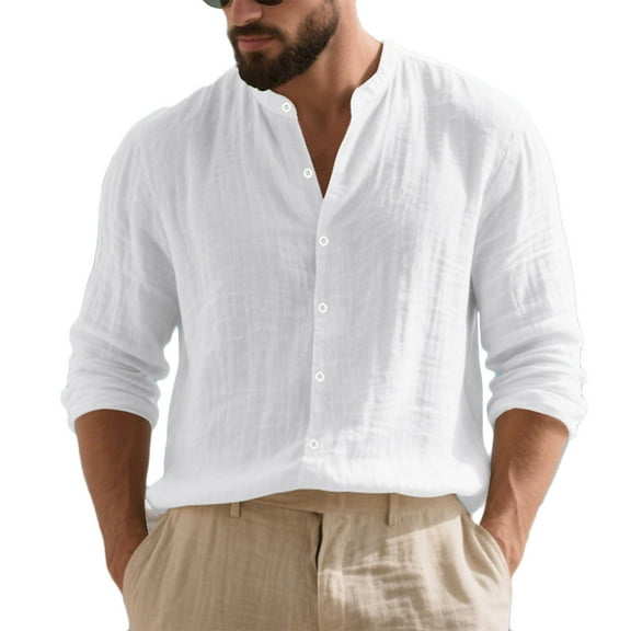 Xzbqbs Men's Henley Shirts Cotton Linen Long Sleeve Button Down Shirt Casual Hawaiian Lightweight V Neck Solid Color Shirts for Men