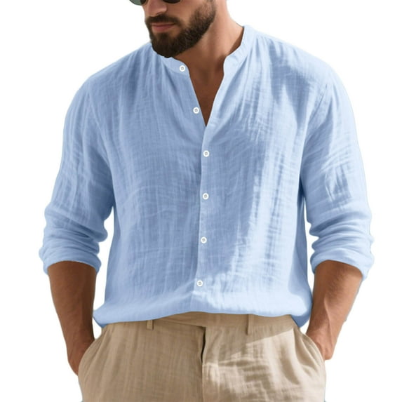 Xzbqbs Men's Henley Shirts Cotton Linen Long Sleeve Button Down Shirt Casual Hawaiian Lightweight V Neck Solid Color Shirts for Men
