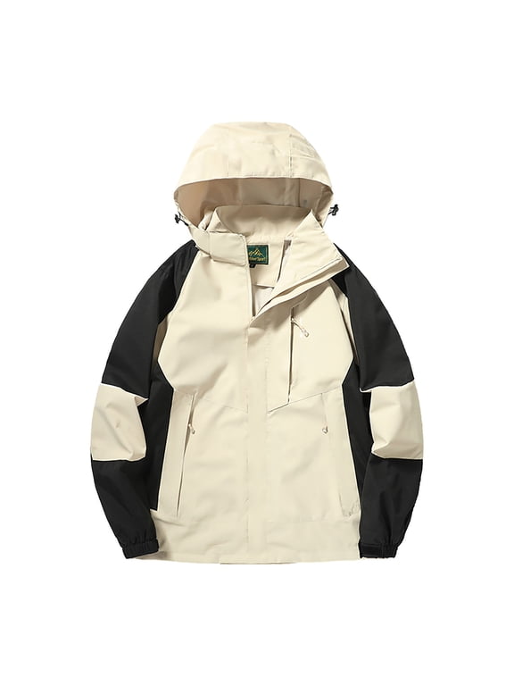 Men's Hooded Rain Jacket Fashion Color Block Outdoor Raincoat Waterproof Lightweight Softshell Jacket for Men Hiking Travel